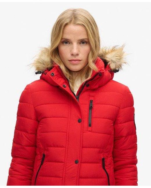 Red puffer coats with fur hood deals