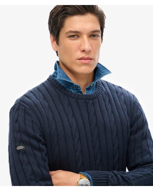 Superdry Blue & Co Cotton Classic Cable Knit Crew Jumper for men
