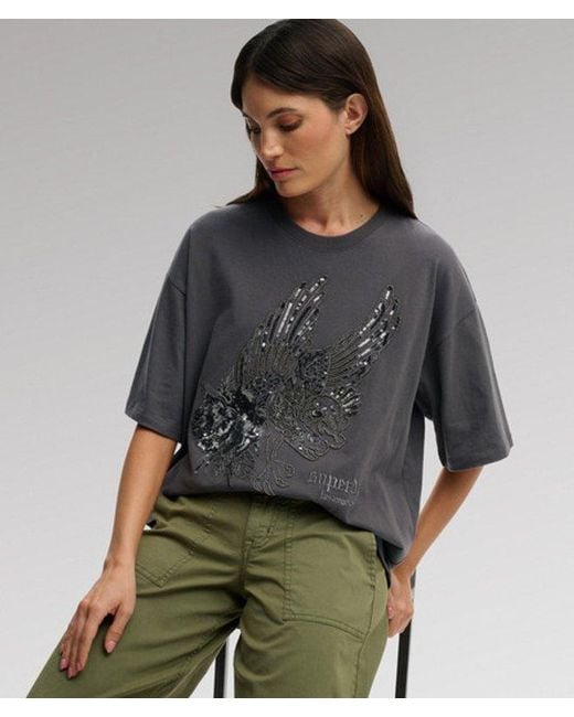 Superdry Gray & Co Tattoo Embellished Oversized T-shirt
