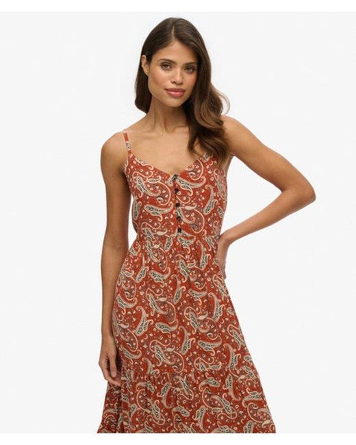 Superdry Brown Paisley Print Half Button Tiered Midi Dress