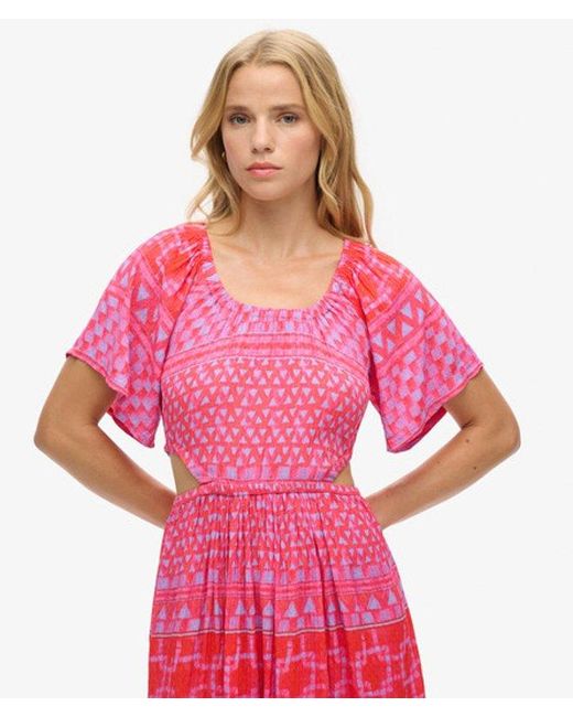 Superdry Pink & Co Printed Cut Out Midi Dress
