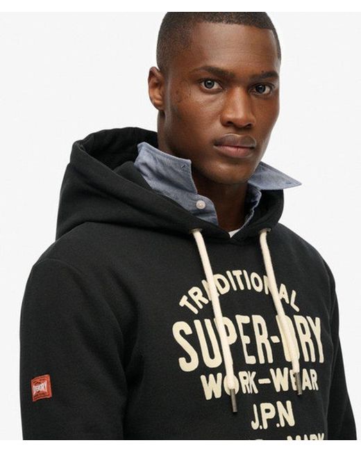 Superdry Black Classic Workwear Flock Graphic Hoodie for men