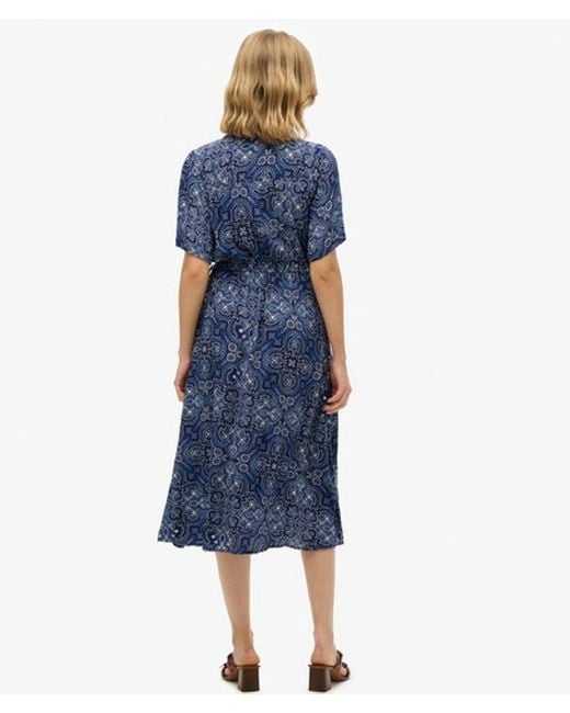 Superdry Blue Printed Wrap Midi Dress