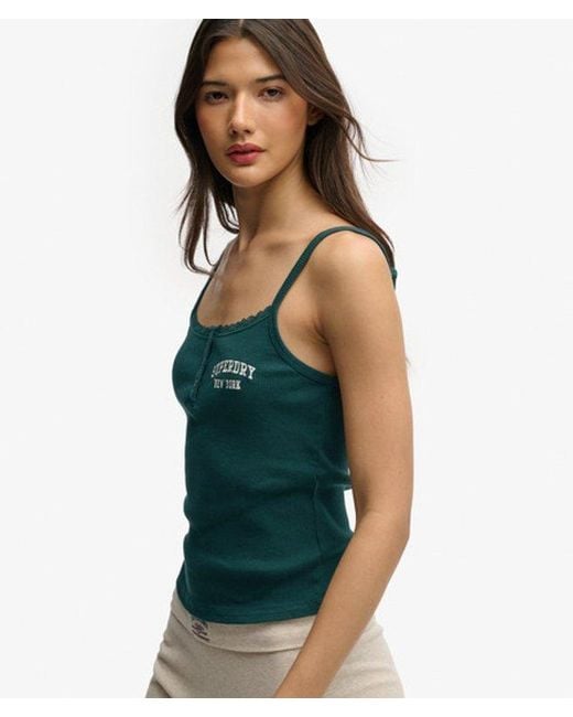Superdry Green Athletic Essentials Embroidered Button Cami Top