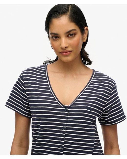 Superdry Blue Cotton Short Sleeve Button Through Jersey Midi Dress