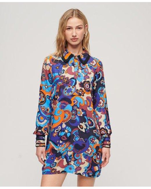 Superdry Blue Printed 60s Mini Shirt Dress