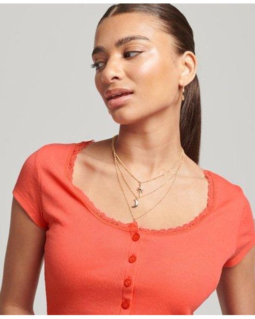 Superdry Red Vintage Button Top Summer Coral Marl