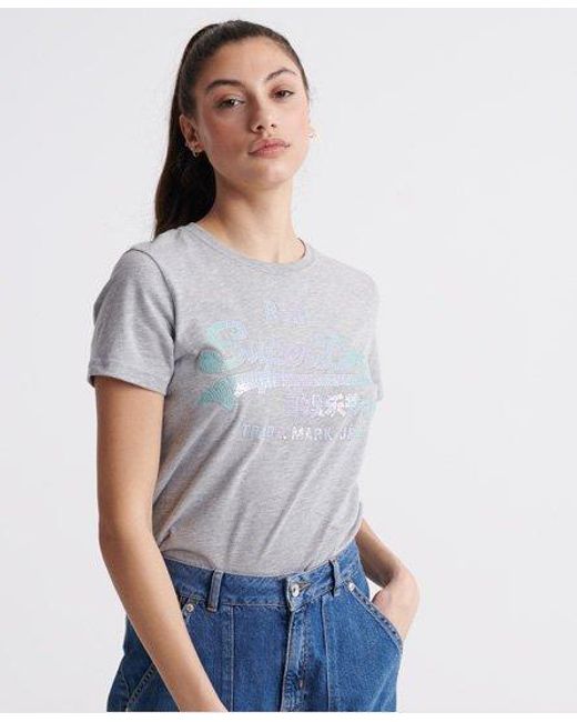 Superdry White Vintage Logo Stitch Sequin T-Shirt Marl