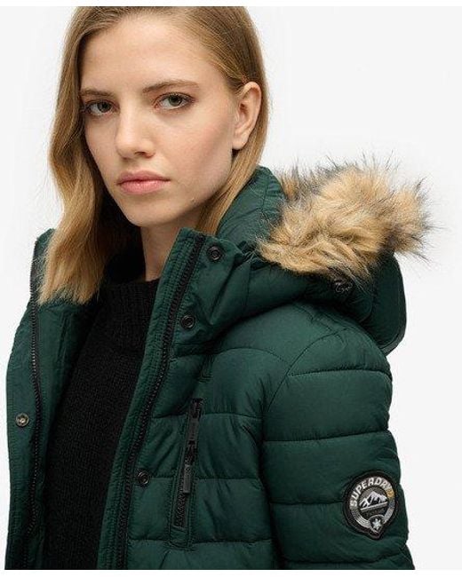 Superdry Green Faux Fur Hooded Longline Light Padded Puffer Coat