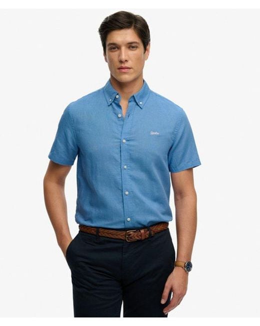Superdry Blue Cotton Linen Short Sleeve Shirt for men