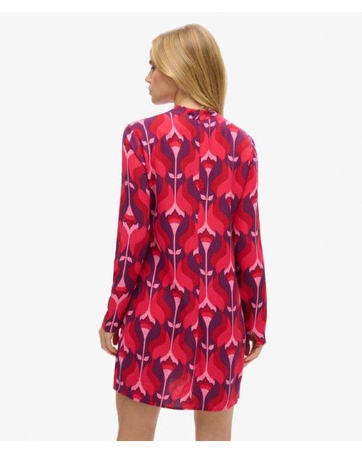 Superdry Red Printed Long Sleeve Mini Dress