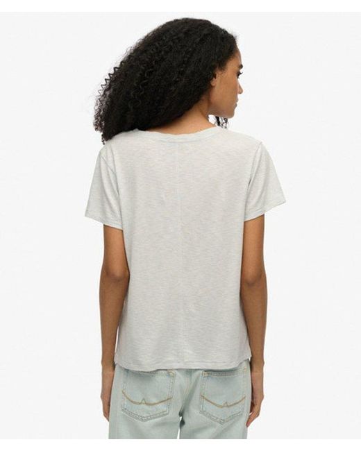 Femme Coton Logo Brodé Flammé T Shirt À Col En V, Bleu & Blanc Superdry en coloris White