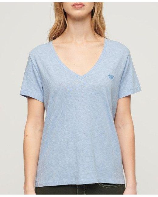 Superdry Ruimvallend Geborduurd T-shirt Met V-hals in het Blue