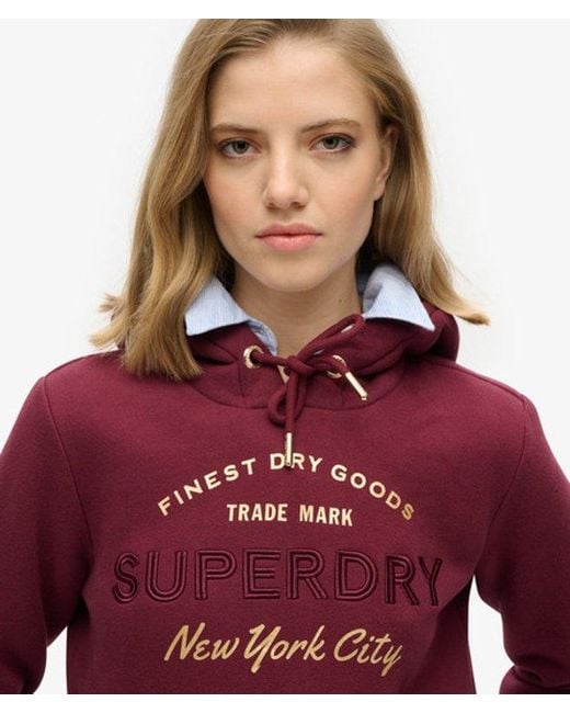 Femme Coton Sweat À Capuche Et Logo Métallisé Luxe, Taille Superdry en coloris Red