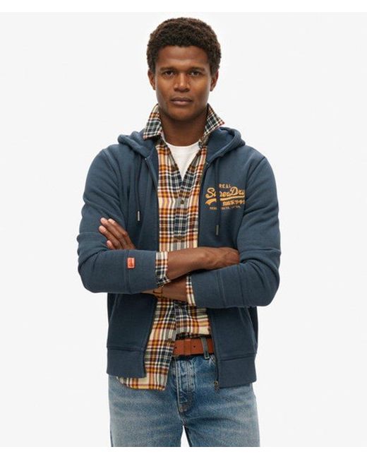 Superdry Blue & Co Vintage Logo Embroidered Zip Hoodie for men