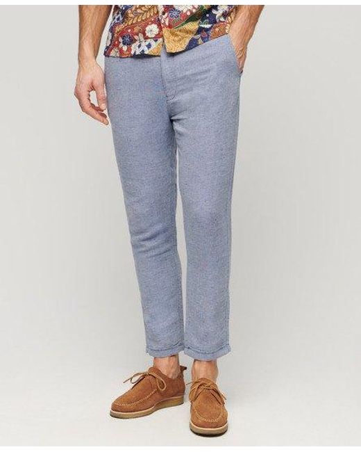 Superdry Blue Drawstring Linen Trousers for men