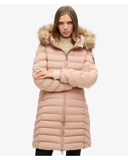 Superdry Natural Fuji Faux Fur Hood Mid Length Puffer Coat