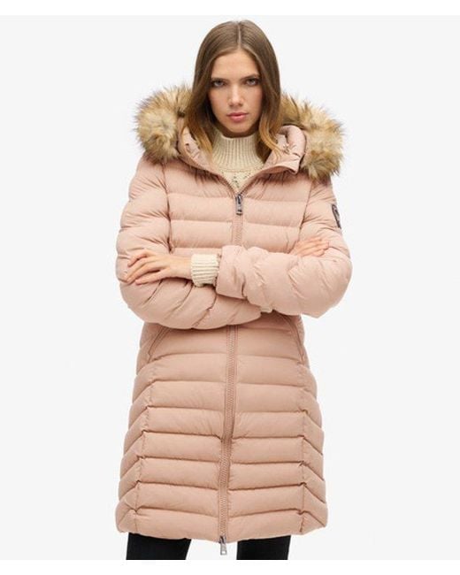Doudoune mi-longue à capuche en fourrure synthétique Superdry en coloris Natural