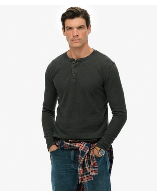 Superdry Black & Co Classic Logo Patch Relaxed Fit Waffle Cotton Henley Top for men
