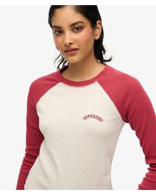 Superdry Red & Co Essential Logo Ribbed Baseball Long Sleeve Top