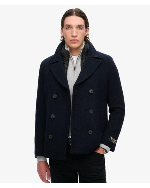 Superdry Blue Classic 2 In 1 Wool Pea Coat for men