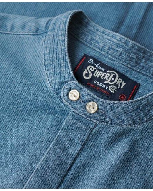 Superdry Blue Classic Pinstriped Merchant Grandad Indigo Shirt for men