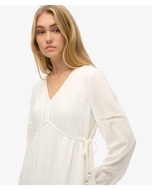 Superdry White Cotton Ibiza Long Sleeve Tiered Mini Dress