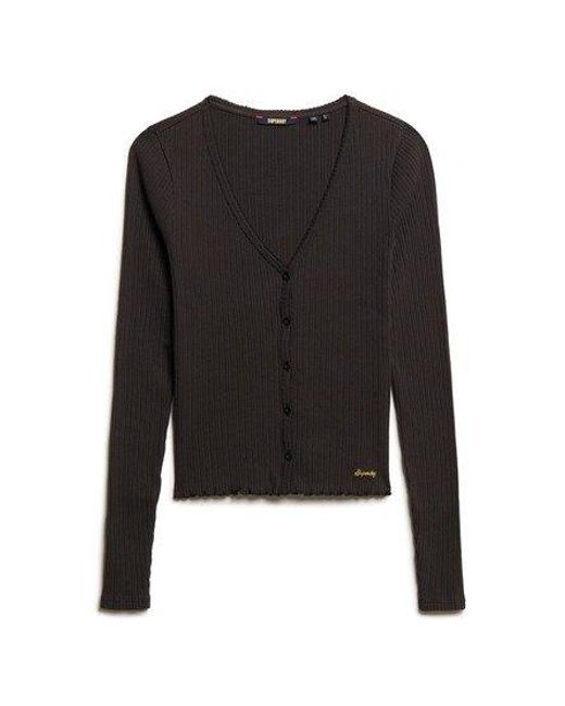 Superdry Black Ladies Slim Fit Ribbed Essential Button Through Long Sleeve Top