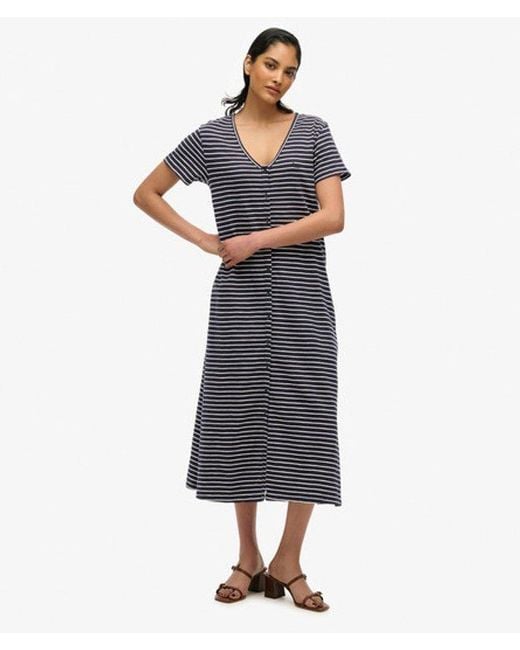 Superdry Blue Cotton Short Sleeve Button Through Jersey Midi Dress