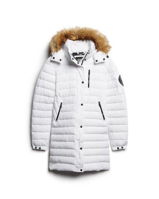 Superdry White Fuji Hooded Mid Length Puffer Coat
