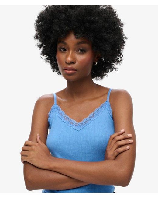 Superdry Blue & Co Organic Cotton Vintage Rib Lace Trim Cami Top