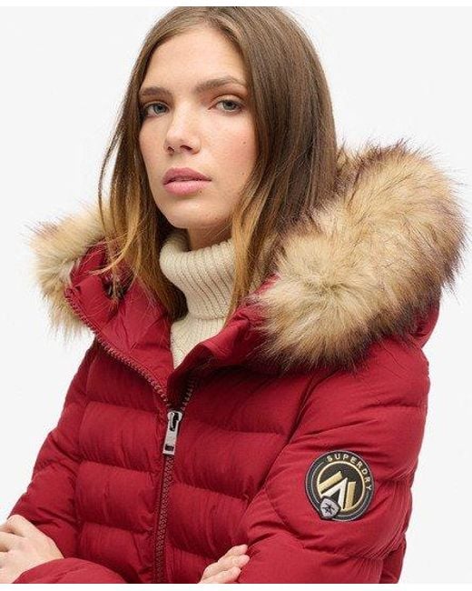 Superdry Red Fuji Faux Fur Hooded Padded Jacket