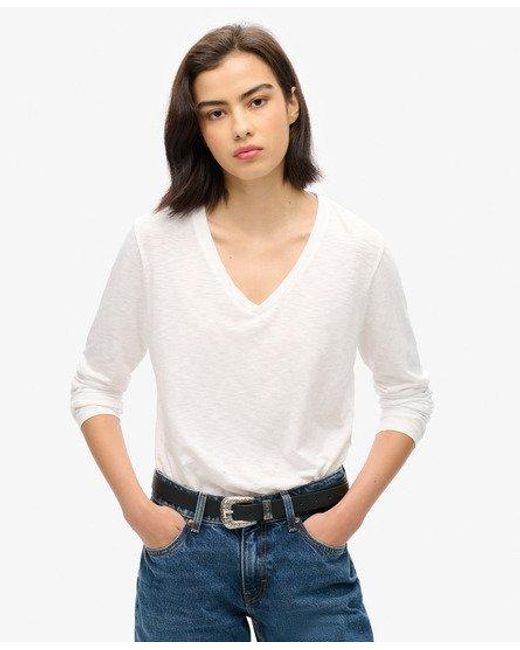 Superdry White Long Sleeve Jersey V-neck Top