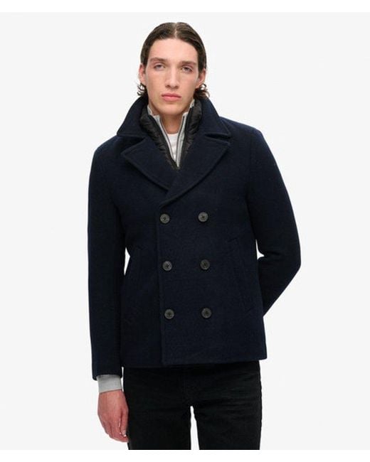 Superdry Blue Classic 2 In 1 Wool Pea Coat for men