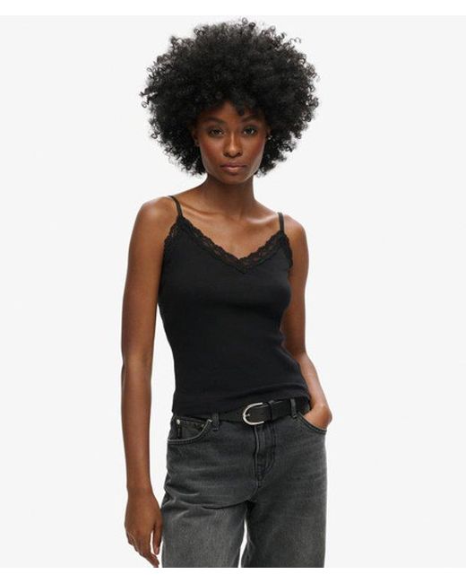 Superdry Black & Co Ladies Organic Cotton Vintage Rib Lace Trim Cami Top