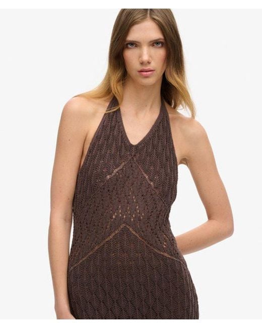 Superdry Brown & Co Cotton Crochet Halter Maxi Dress