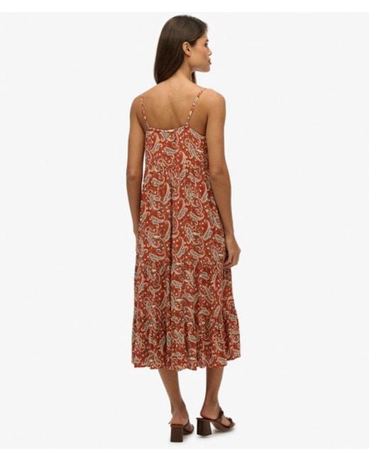 Superdry Brown Paisley Print Half Button Tiered Midi Dress