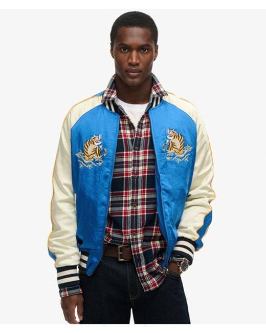 Superdry Blue & Co Fully Lined Embroidered Sukajan Bomber Jacket for men