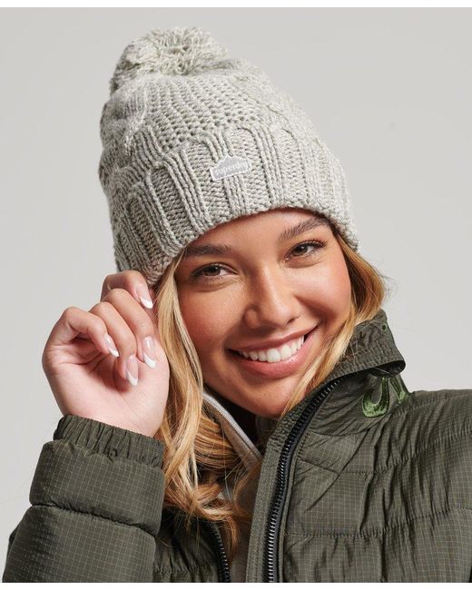 Superdry Cable Knit Bobble Beanie Light Grey in Gray | Lyst