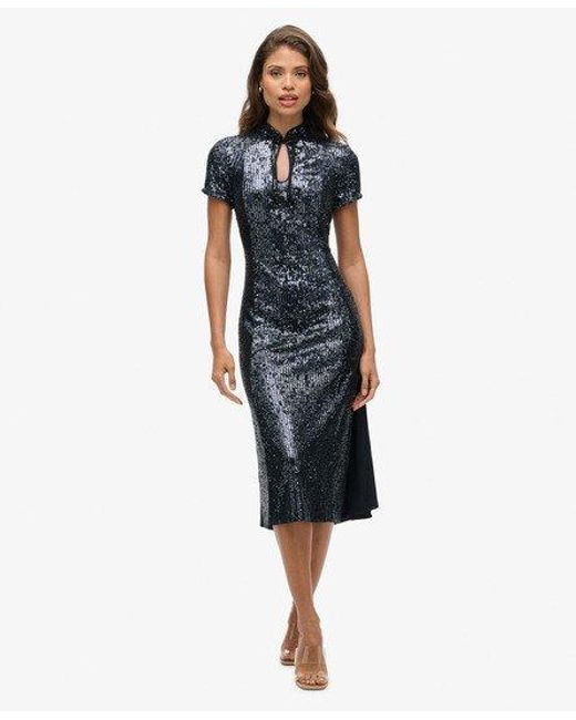 Superdry Blue Fully Lined Sequin Mandarin Midi Dress
