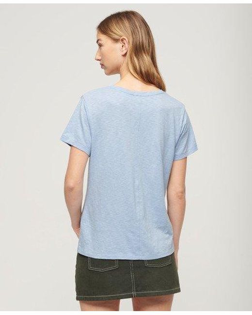 Superdry Blue Slub Embroidered V-neck T-shirt