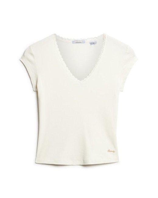 Superdry White & Co Ladies Embroidered Organic Cotton Essential Lace Trim V-neck T-shirt