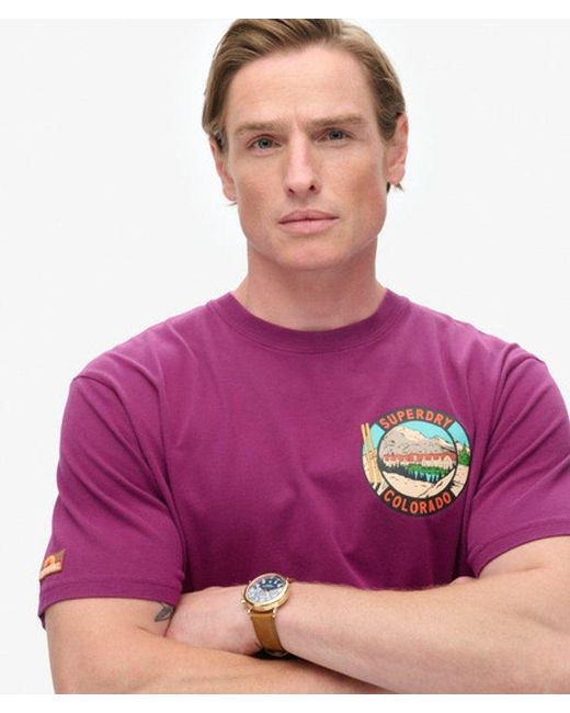 Superdry Purple Travel Postcard Chest Print T-shirt for men