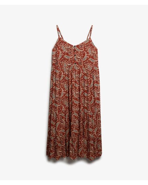 Superdry Brown Paisley Print Half Button Tiered Midi Dress