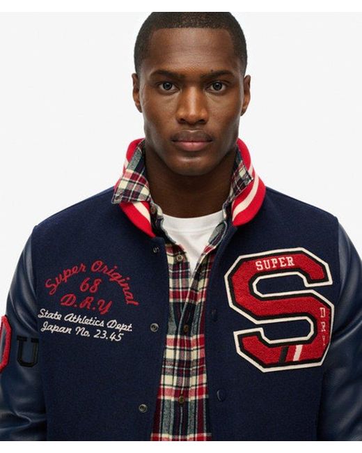 Superdry Blue College Varsity Patched Bomber Jacket for men