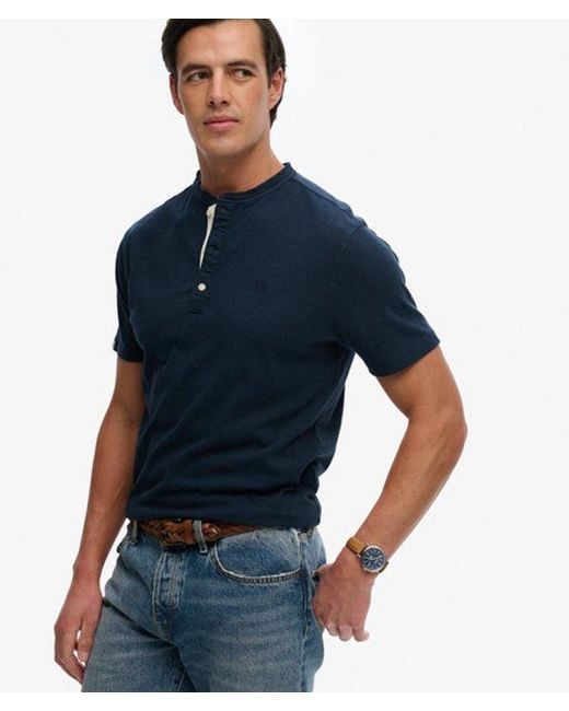 Superdry Blue Classic Cotton Linen Short Sleeve Henley T-Shirt for men