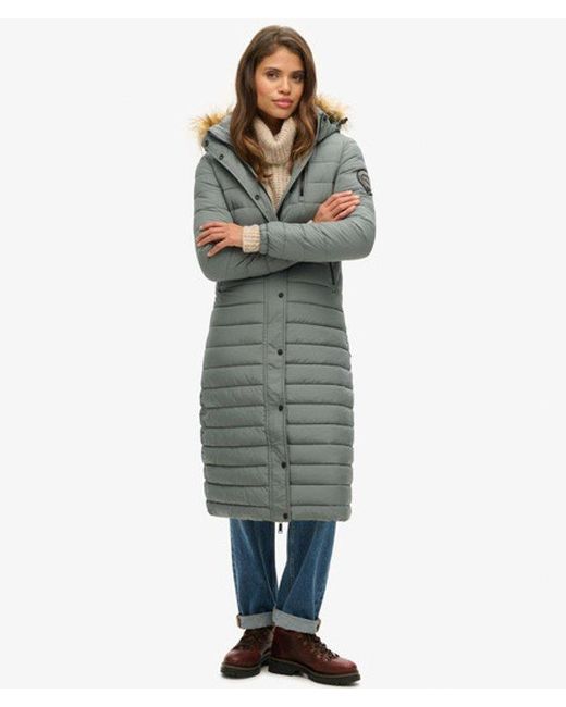 Superdry Blue & Co Quilted Fuji Hooded Long Puffer Coat