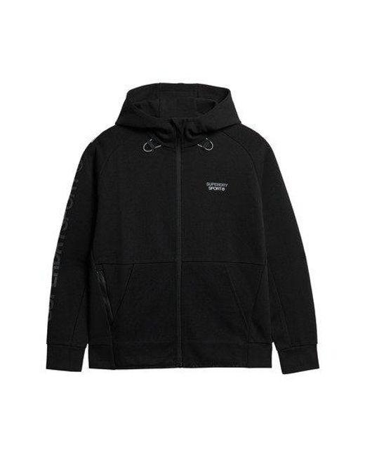 Superdry Black Classic Embroidered Logo Sport Tech Loose Zip Hoodie for men