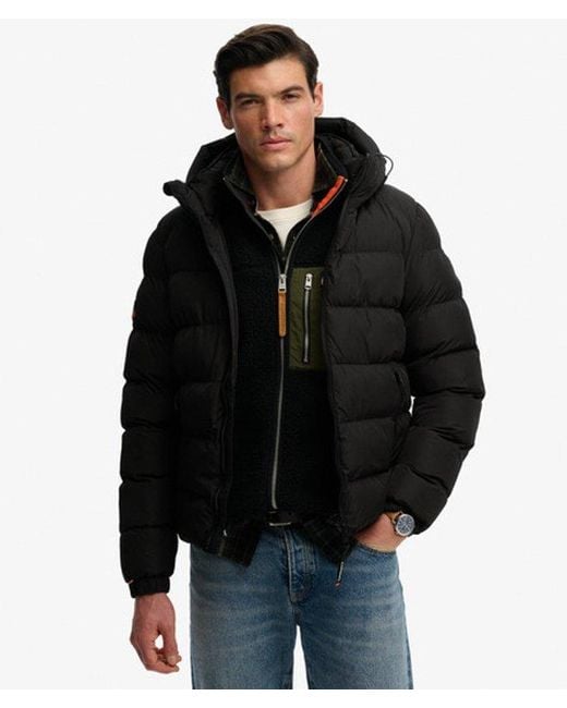 Superdry Black & Co Classic Embroidered Logo Hooded Sports Puffer Jacket for men