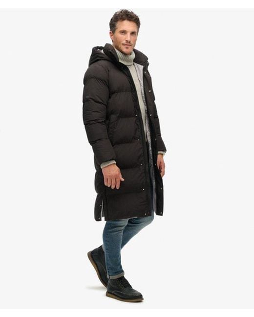 Superdry Black & Co Classic Logo Badge Long Hooded Puffer Coat for men